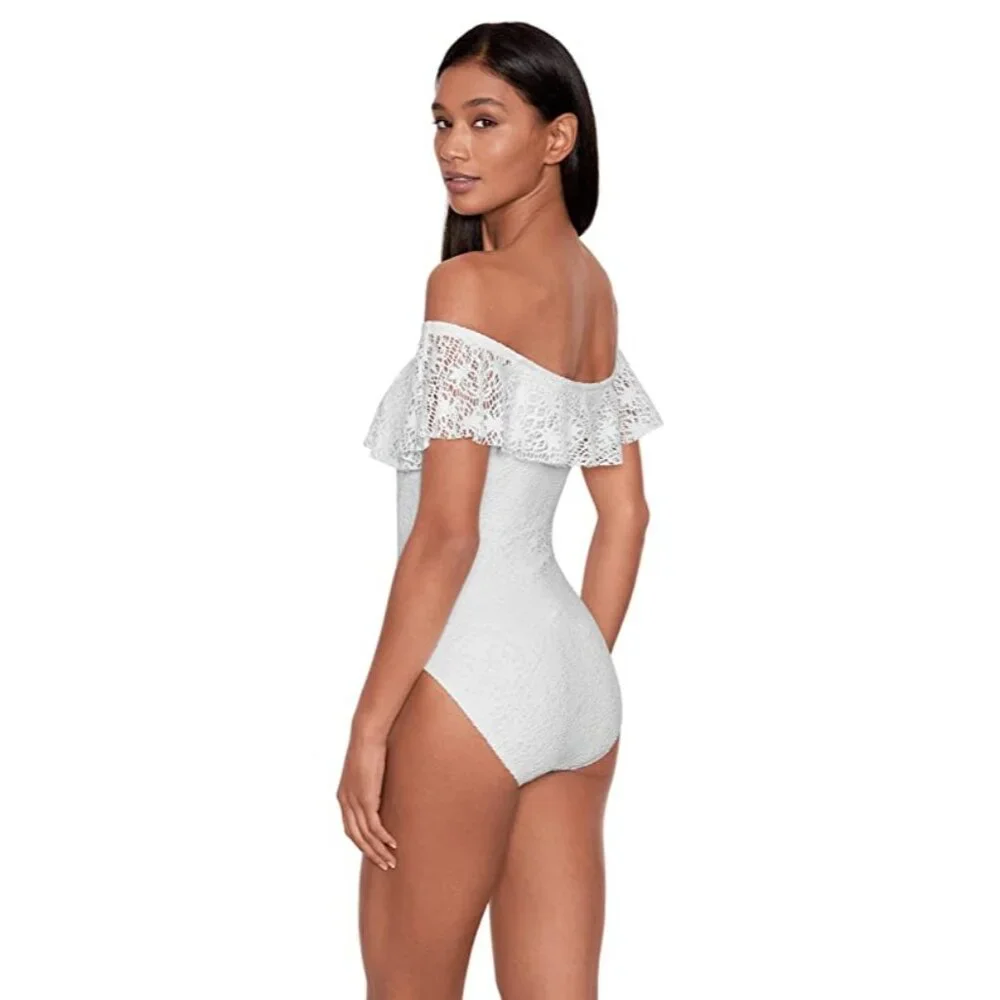 LAUREN RALPH LAUREN Crochet Ruffle Off-the-Shoulder One-Piece Swimsuit - Size 14 - Picture 2 of 3
